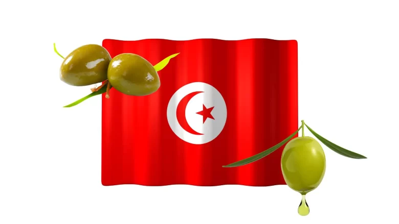 The flag of Tunesia with olives around to show the connection the olive oil production