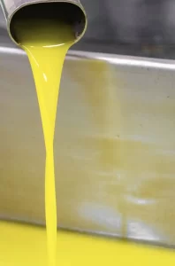 Freshly extracted olive oil flowing from the press