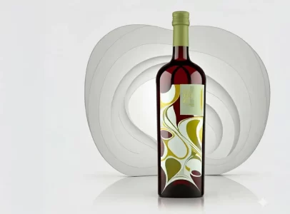 Contemporary olive oil bottle with abstract label design, studio presentation.
